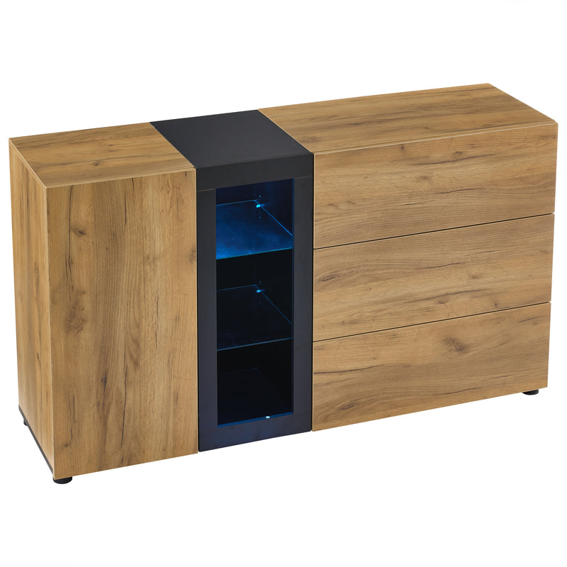 Buffet Contemporain Brun et Noir avec Éclairage LED Smart App, 3 Tiroirs, Porte Vitrée et Rangement Polyvalent GHURGAX