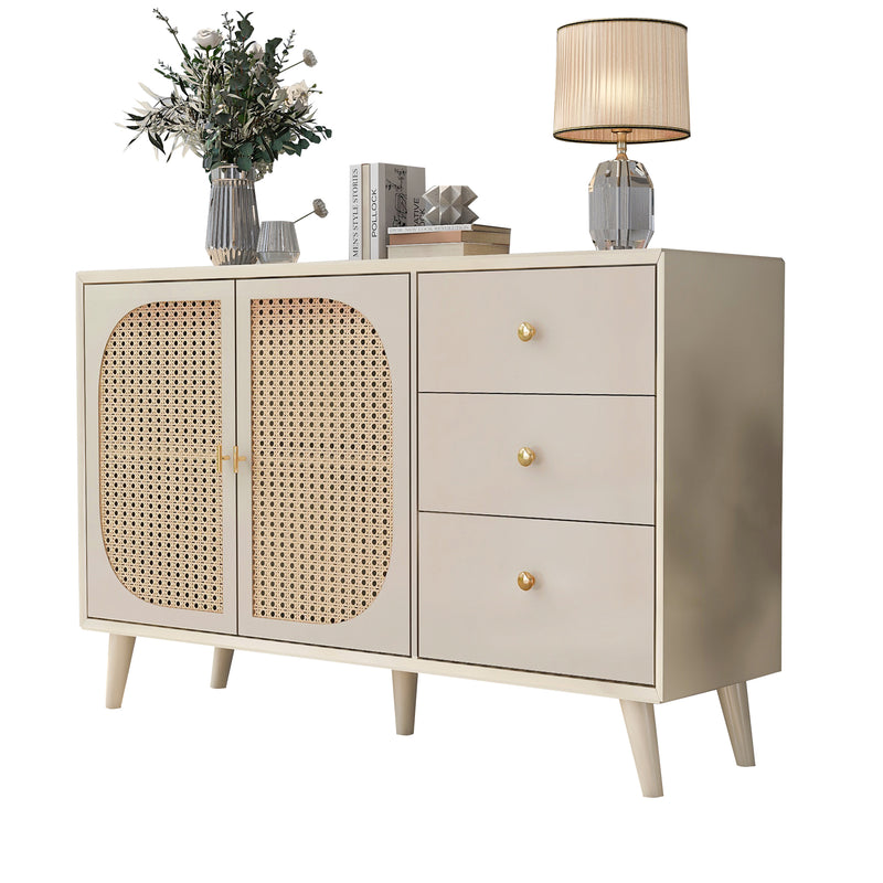 Buffet Crème Moderne avec Portes "Push-to-Open" et Tiroirs – Design en Rotin PE GHUXEOTS