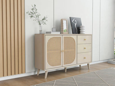 Buffet Crème Moderne avec Portes "Push-to-Open" et Tiroirs – Design en Rotin PE GHUXEOTS