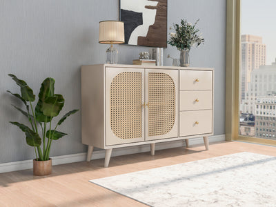 Buffet Crème Moderne avec Portes "Push-to-Open" et Tiroirs – Design en Rotin PE GHUXEOTS