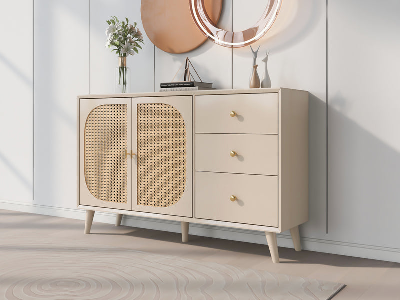 Buffet Crème Moderne avec Portes "Push-to-Open" et Tiroirs – Design en Rotin PE GHUXEOTS
