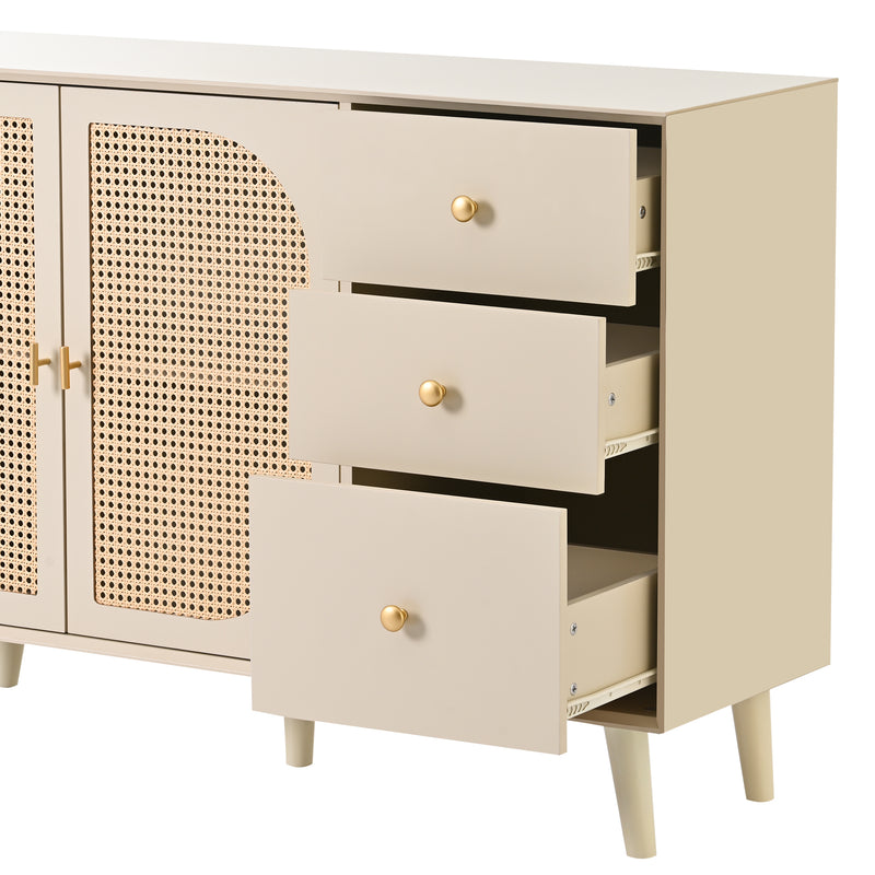 Buffet Crème Moderne avec Portes "Push-to-Open" et Tiroirs – Design en Rotin PE GHUXEOTS