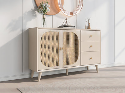 Buffet Crème Moderne avec Portes "Push-to-Open" et Tiroirs – Design en Rotin PE GHUXEOTS