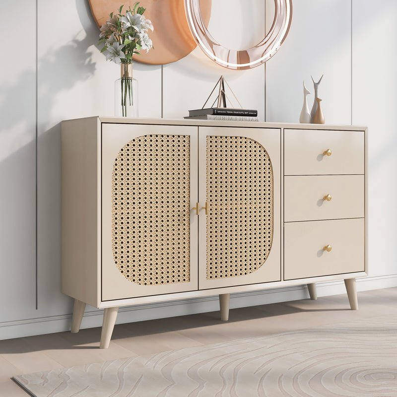 Buffet Crème Moderne avec Portes "Push-to-Open" et Tiroirs – Design en Rotin PE GHUXEOTS
