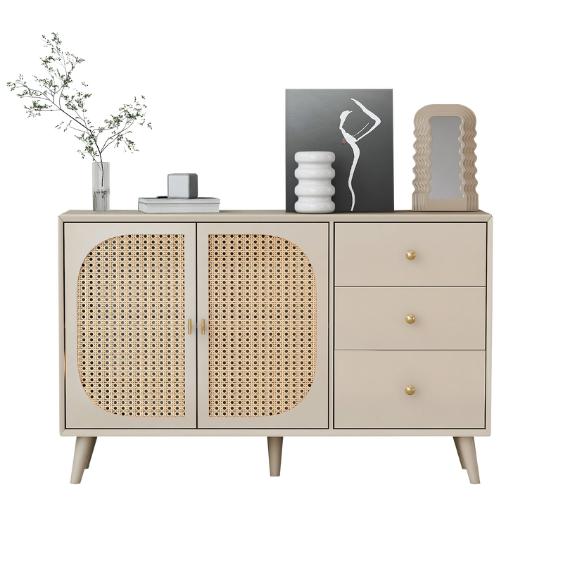 Buffet Crème Moderne avec Portes "Push-to-Open" et Tiroirs – Design en Rotin PE GHUXEOTS