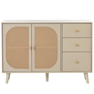 Buffet Crème Moderne avec Portes "Push-to-Open" et Tiroirs – Design en Rotin PE GHUXEOTS