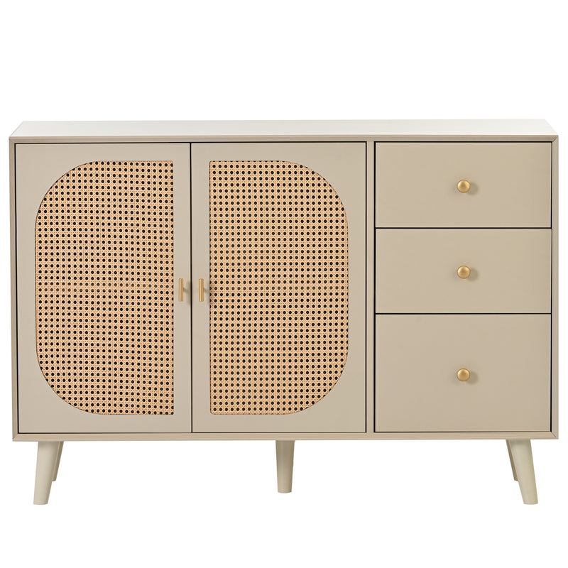 Buffet Crème Moderne avec Portes "Push-to-Open" et Tiroirs – Design en Rotin PE GHUXEOTS