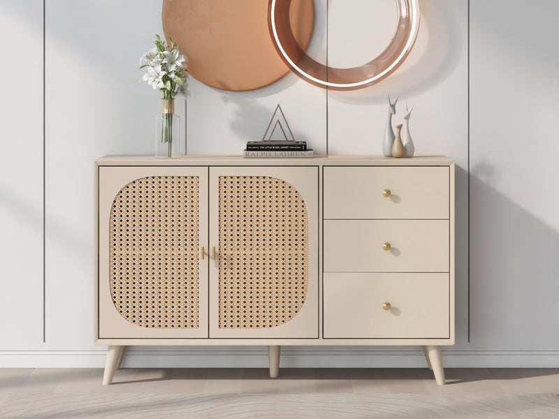 Buffet Crème Moderne avec Portes "Push-to-Open" et Tiroirs – Design en Rotin PE GHUXEOTS