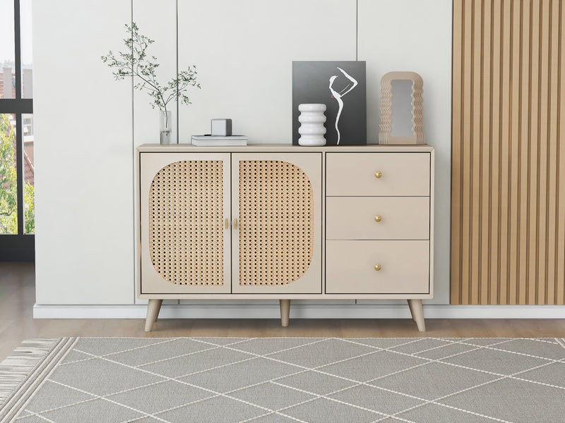 Buffet Crème Moderne avec Portes "Push-to-Open" et Tiroirs – Design en Rotin PE GHUXEOTS