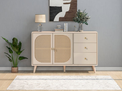 Buffet Crème Moderne avec Portes "Push-to-Open" et Tiroirs – Design en Rotin PE GHUXEOTS