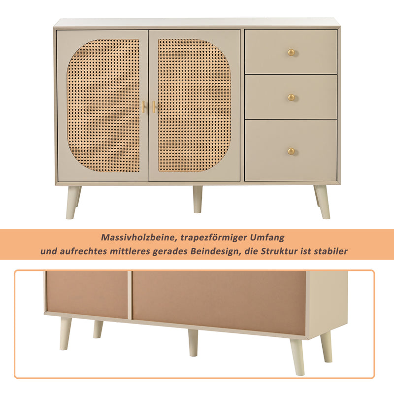 Buffet Crème Moderne avec Portes "Push-to-Open" et Tiroirs – Design en Rotin PE GHUXEOTS