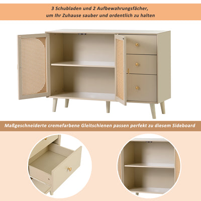 Buffet Crème Moderne avec Portes "Push-to-Open" et Tiroirs – Design en Rotin PE GHUXEOTS
