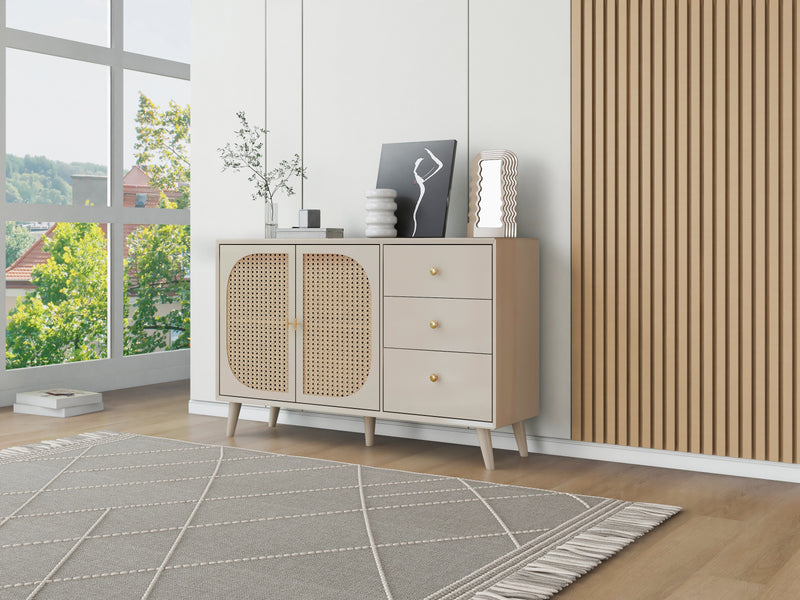 Buffet Crème Moderne avec Portes "Push-to-Open" et Tiroirs – Design en Rotin PE GHUXEOTS