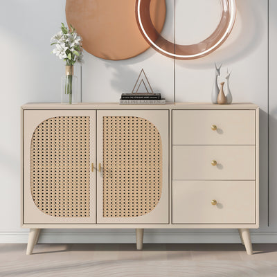 Buffet Crème Moderne avec Portes "Push-to-Open" et Tiroirs – Design en Rotin PE GHUXEOTS