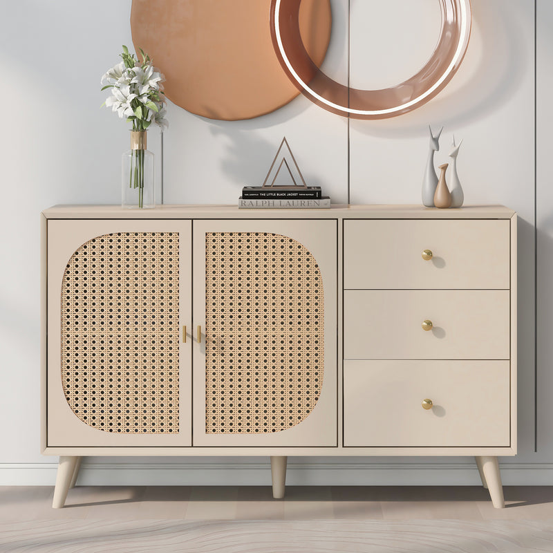 Buffet Crème Moderne avec Portes "Push-to-Open" et Tiroirs – Design en Rotin PE GHUXEOTS