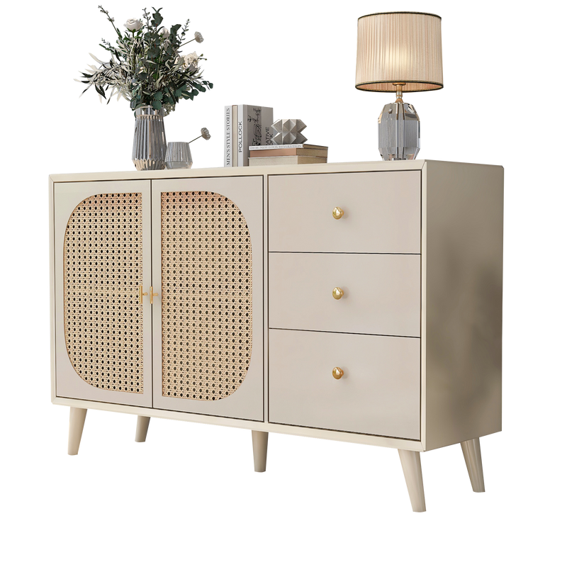 Buffet Crème Moderne avec Portes "Push-to-Open" et Tiroirs – Design en Rotin PE GHUXEOTS