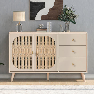 Buffet Crème Moderne avec Portes "Push-to-Open" et Tiroirs – Design en Rotin PE GHUXEOTS