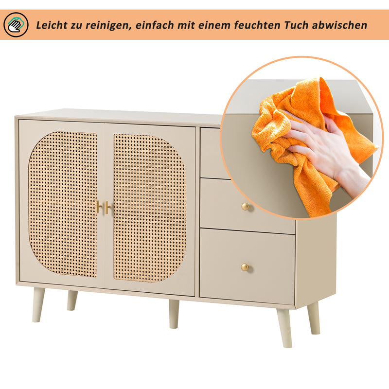 Buffet Crème Moderne avec Portes "Push-to-Open" et Tiroirs – Design en Rotin PE GHUXEOTS