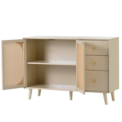Buffet Crème Moderne avec Portes "Push-to-Open" et Tiroirs – Design en Rotin PE GHUXEOTS