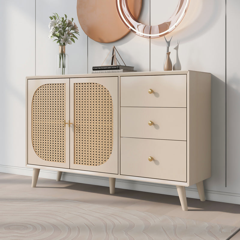 Buffet Crème Moderne avec Portes "Push-to-Open" et Tiroirs – Design en Rotin PE GHUXEOTS