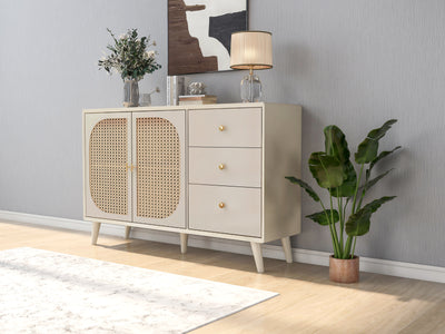 Buffet Crème Moderne avec Portes "Push-to-Open" et Tiroirs – Design en Rotin PE GHUXEOTS
