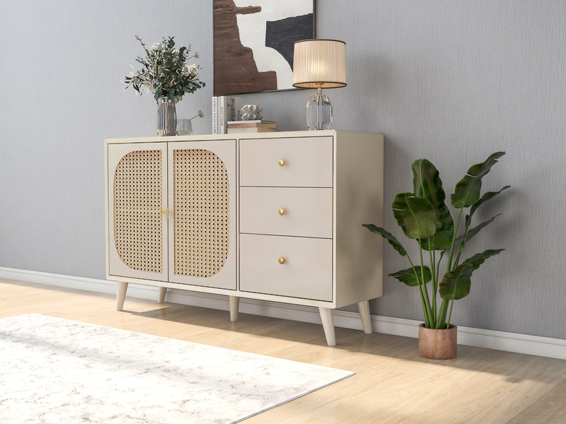 Buffet Crème Moderne avec Portes "Push-to-Open" et Tiroirs – Design en Rotin PE GHUXEOTS