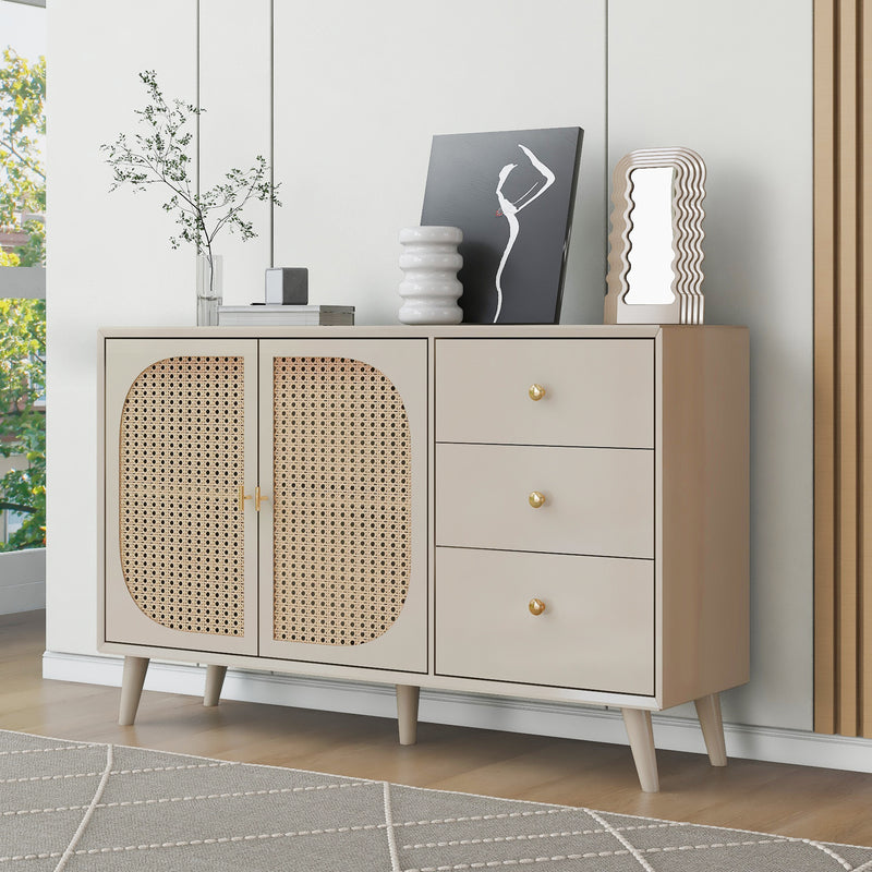 Buffet Crème Moderne avec Portes "Push-to-Open" et Tiroirs – Design en Rotin PE GHUXEOTS