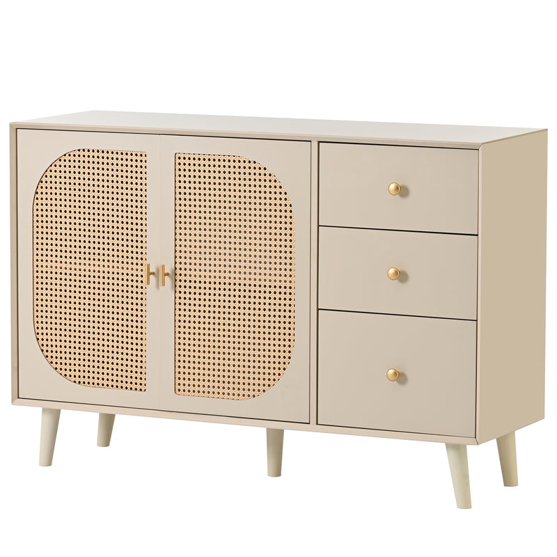 Buffet Crème Moderne avec Portes "Push-to-Open" et Tiroirs – Design en Rotin PE GHUXEOTS
