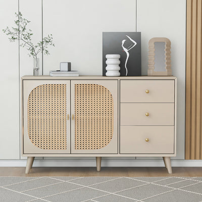 Buffet Crème Moderne avec Portes "Push-to-Open" et Tiroirs – Design en Rotin PE GHUXEOTS