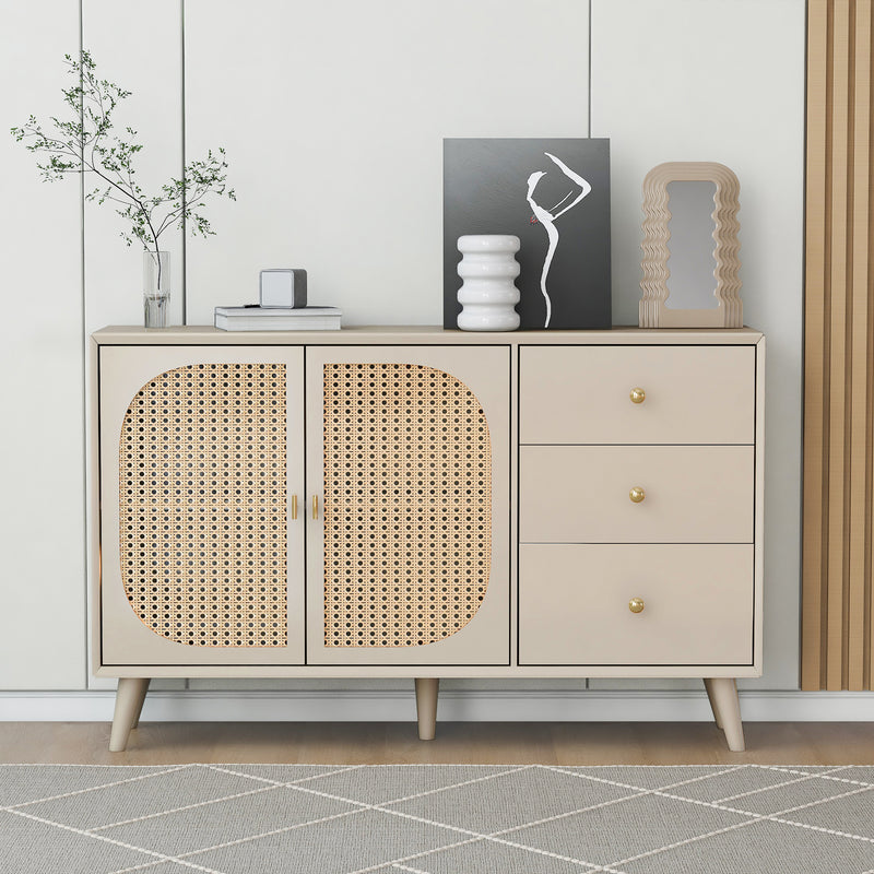 Buffet Crème Moderne avec Portes "Push-to-Open" et Tiroirs – Design en Rotin PE GHUXEOTS