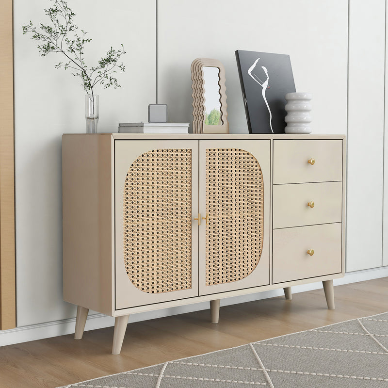 Buffet Crème Moderne avec Portes "Push-to-Open" et Tiroirs – Design en Rotin PE GHUXEOTS