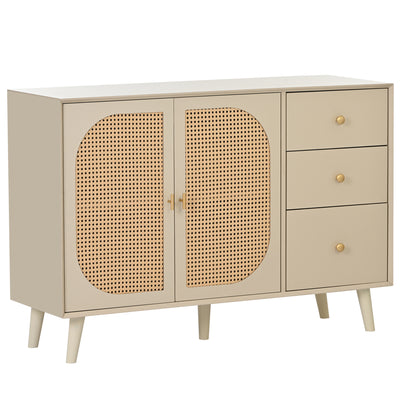 Buffet Crème Moderne avec Portes "Push-to-Open" et Tiroirs – Design en Rotin PE GHUXEOTS
