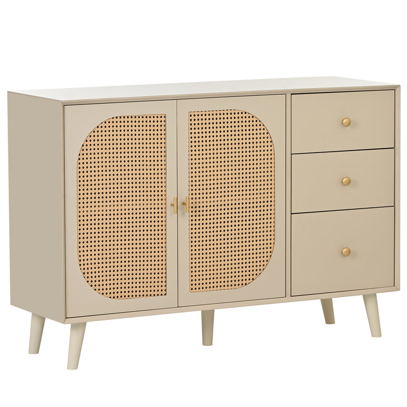 Buffet Crème Moderne avec Portes "Push-to-Open" et Tiroirs – Design en Rotin PE GHUXEOTS