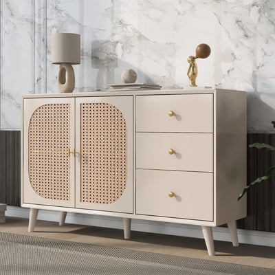 Buffet Crème Moderne avec Portes "Push-to-Open" et Tiroirs – Design en Rotin PE GHUXEOTS