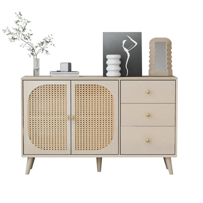 Buffet Crème Moderne avec Portes "Push-to-Open" et Tiroirs – Design en Rotin PE GHUXEOTS