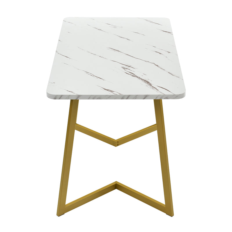 Table de salle à manger/bureau moderne avec plateau effet marbre et pieds dorés GILQELS GOLD LEG