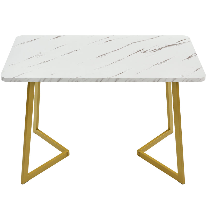 Table de salle à manger/bureau moderne avec plateau effet marbre et pieds dorés GILQELS GOLD LEG