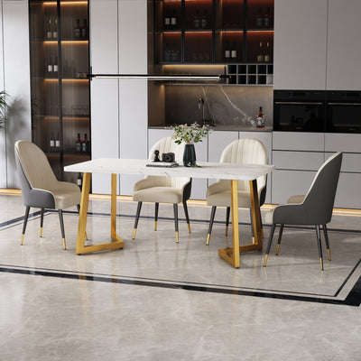 Table de salle à manger/bureau moderne avec plateau effet marbre et pieds dorés GILQELS GOLD LEG