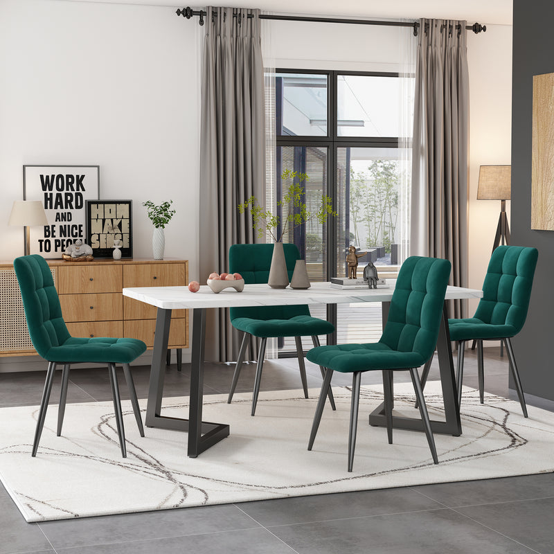 Table de salle à manger moderne avec plateau effet marbre et pieds en métal noir GILQELS
