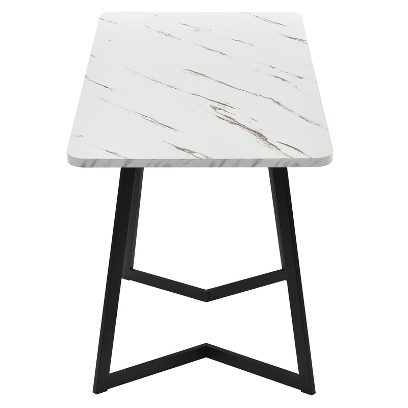 Table de salle à manger moderne avec plateau effet marbre et pieds en métal noir GILQELS