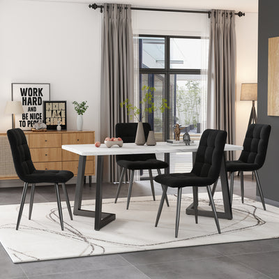 Table de salle à manger moderne avec plateau effet marbre et pieds en métal noir GILQELS