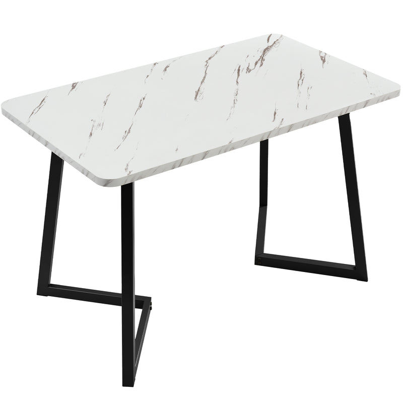 Table de salle à manger moderne avec plateau effet marbre et pieds en métal noir GILQELS