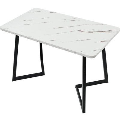 Table de salle à manger moderne avec plateau effet marbre et pieds en métal noir GILQELS