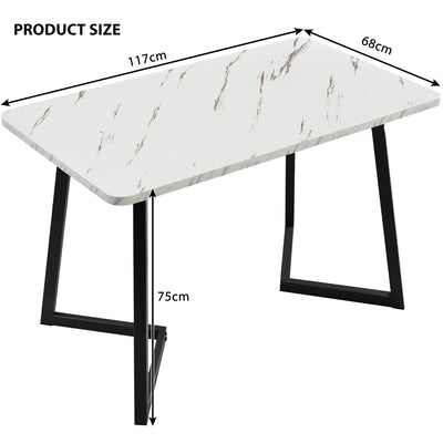 Table de salle à manger moderne avec plateau effet marbre et pieds en métal noir GILQELS