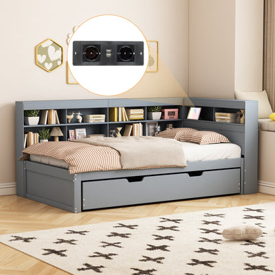 Lit Canapé Multifonctionnel en Bois Massif Gris avec Lit Gigogne et Prise USB Intégrée GIRCAET