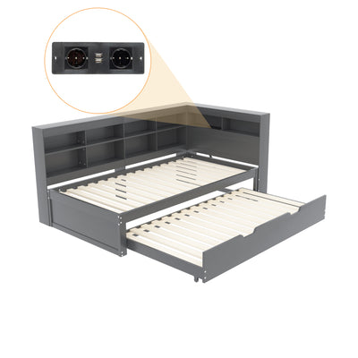 Lit Canapé Multifonctionnel en Bois Massif Gris avec Lit Gigogne et Prise USB Intégrée GIRCAET