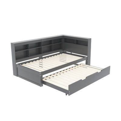 Lit Canapé Multifonctionnel en Bois Massif Gris avec Lit Gigogne et Prise USB Intégrée GIRCAET