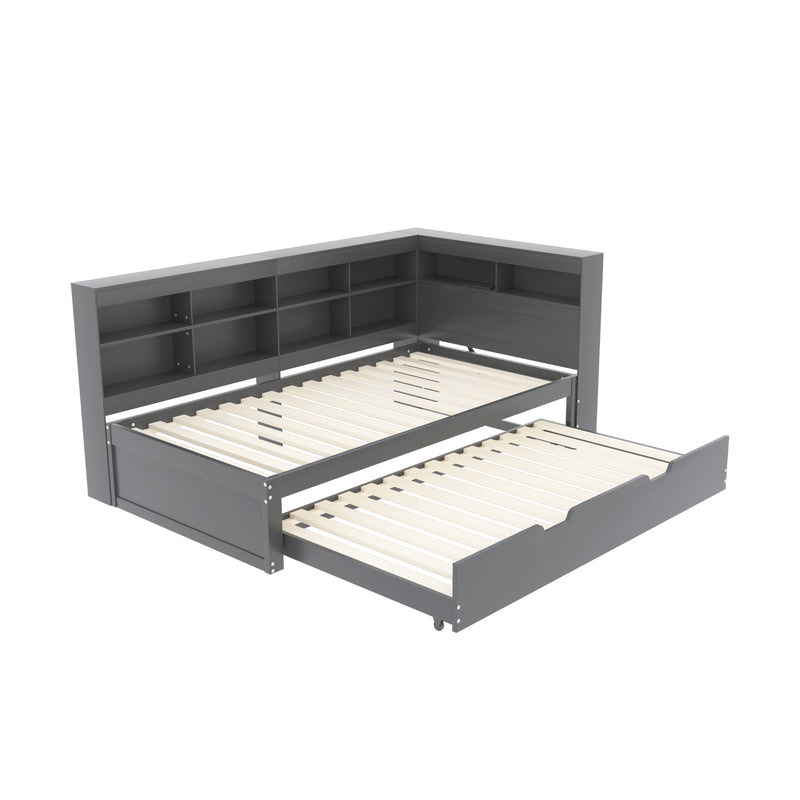 Lit Canapé Multifonctionnel en Bois Massif Gris avec Lit Gigogne et Prise USB Intégrée GIRCAET