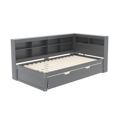 Lit Canapé Multifonctionnel en Bois Massif Gris avec Lit Gigogne et Prise USB Intégrée GIRCAET
