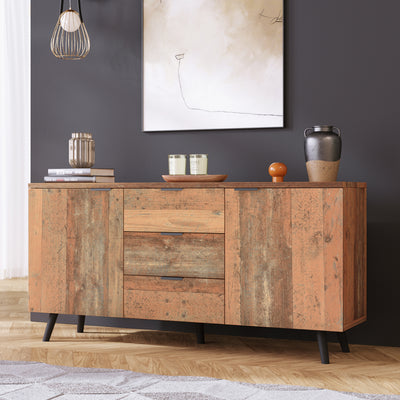Buffet / Meuble TV Vintage Marron Vieilli avec 3 Tiroirs et Étagères Amovibles (140x35x70cm) GRANCUK